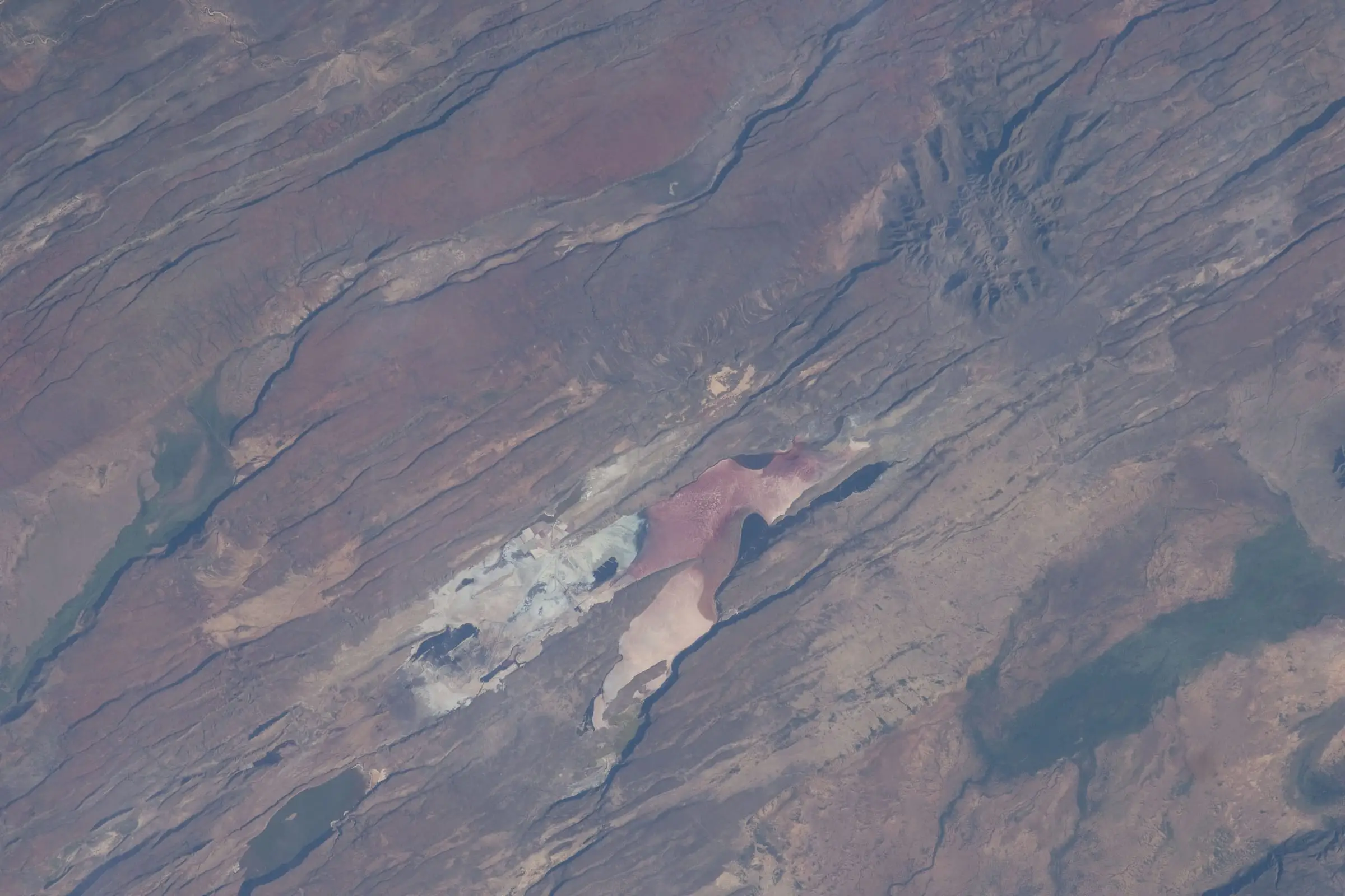 The East African Rift seen from orbit, faulting visible across the terrain