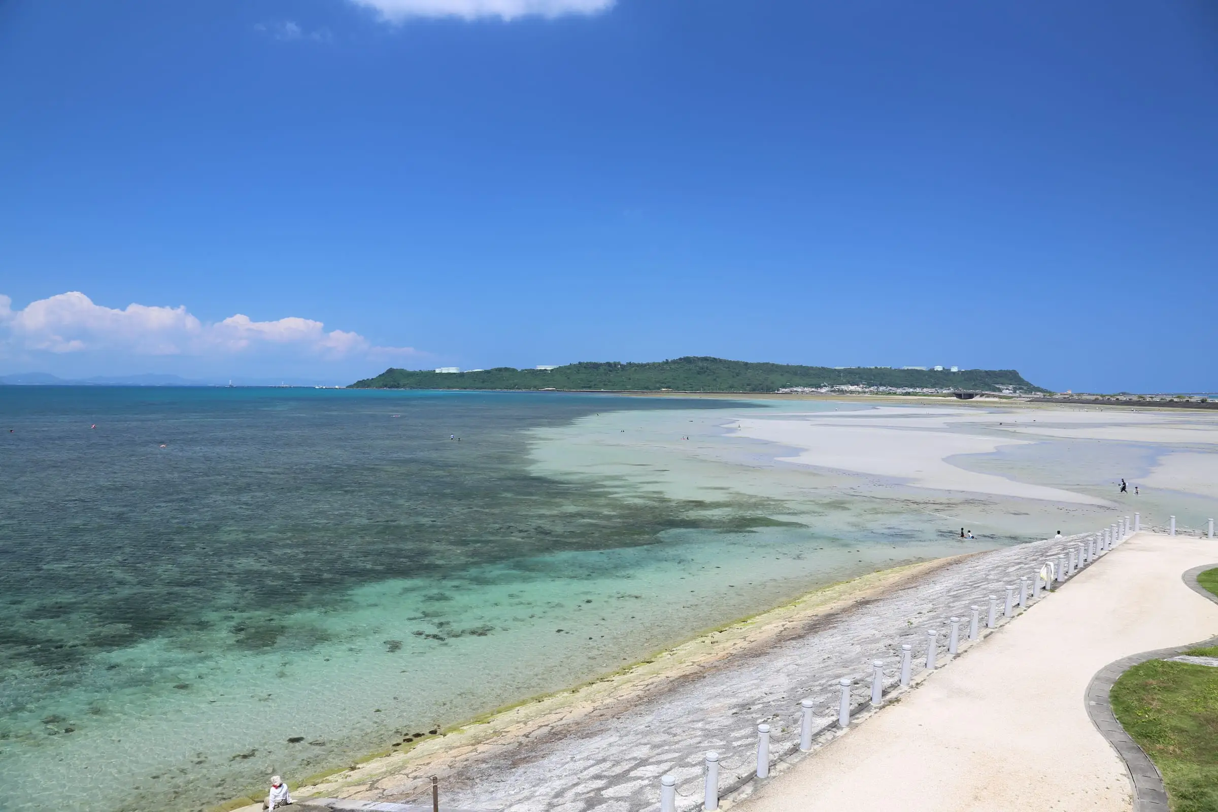 A shallow reef flat and causeway running out from a low green shoreline