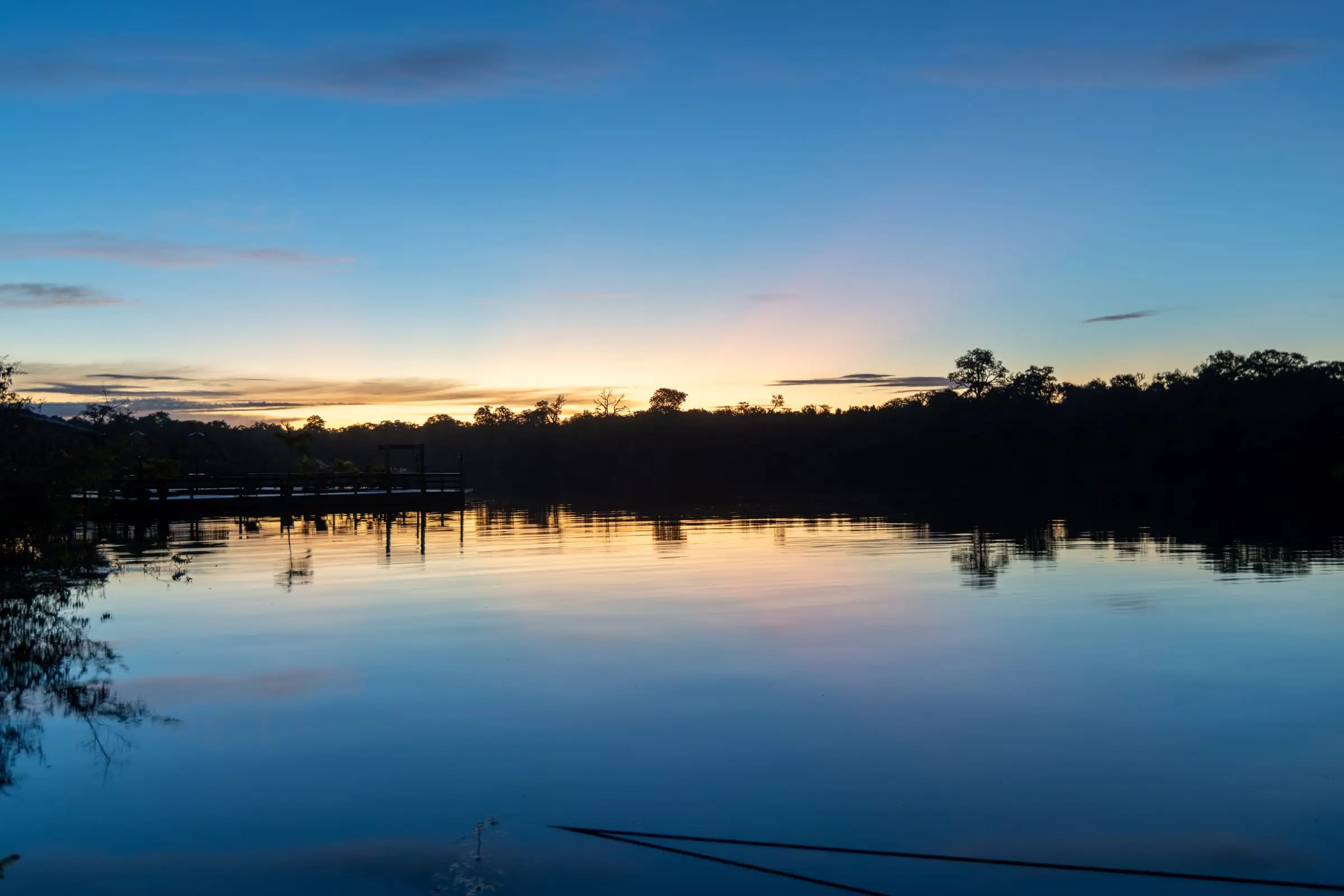 A wide rainforest river at dusk with unbroken canopy along both banks